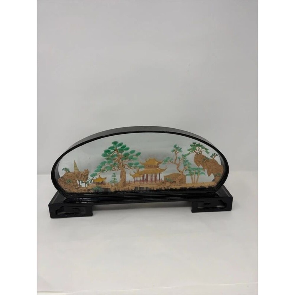 Vintage Chinese Hand Carved Cork Diorama Art Pagoda Trees Lacquer Frame Glass